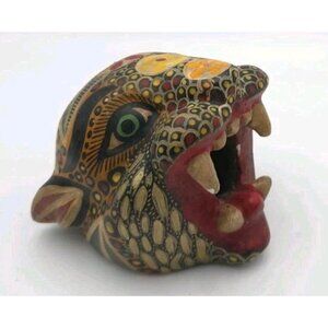 Vintage Hand Carved Painted Jaguar Head Folk Art Sculpture Mexico Oaxacan Style